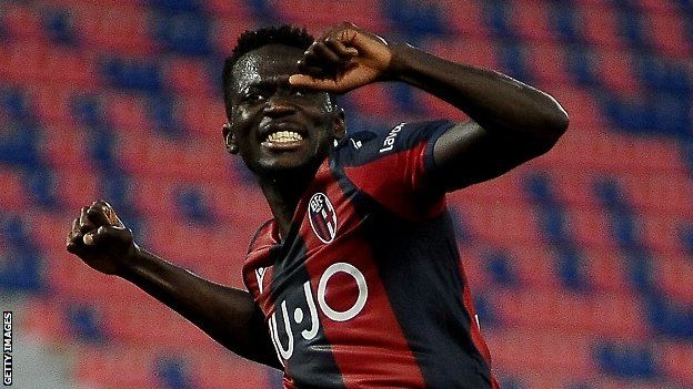 The Gambia's Musa Barrow celebrating a goal for Bologna