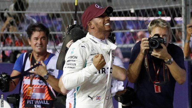 Mercedes' Lewis Hamilton celebrates