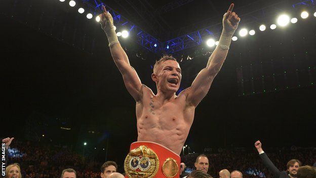 Frampton celebrates winning the IBF super-bantamweight title in front of 18,000 fans in Belfast seven years ago