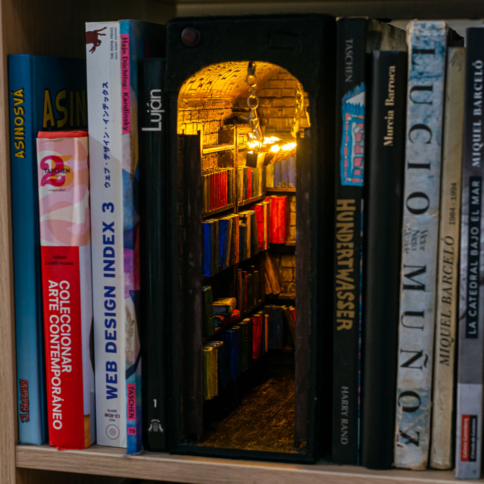 A book nook. It is a bookcase model with a light