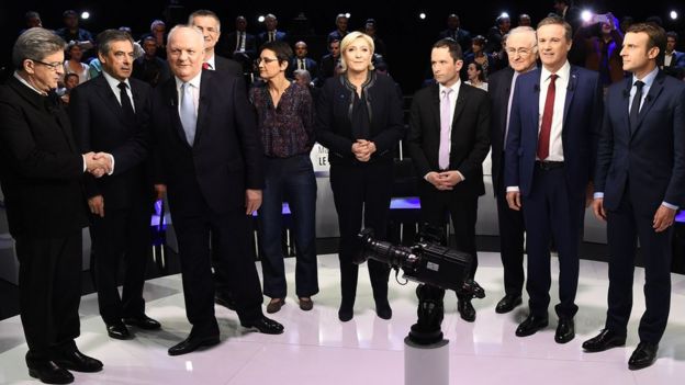 French presidential candidates prepare to go head to head in the second of three live televised debates, in La Plaine-Saint-Denis, France, 4 April 2017