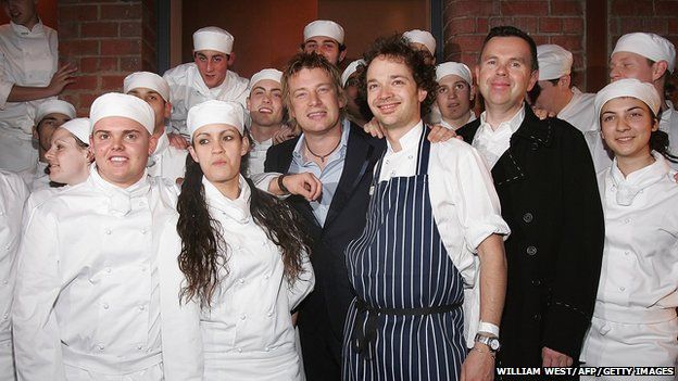Jamie Oliver with apprentices