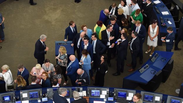 Members of the European Parliament queue to vote in the election of the new president during the first plenary session of the newly elected European Assembly, 3 July 2019