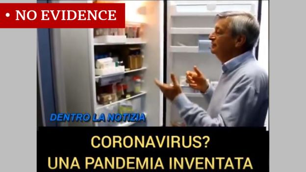 Screenshot of clip with Italian researcher Stefano Montanari looking into a fridge. Caption reads: Coronavirus? A fake pandemic