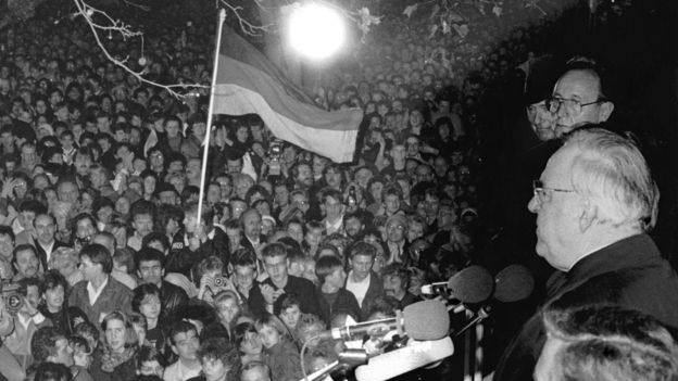 Helmut Kohl addresses crowds in Berlin after the fall of the Berlin Wall