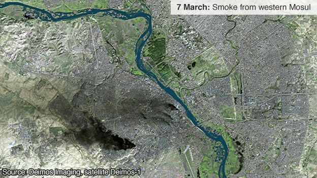 Satellite image of Mosul showing smoke rising from western districts