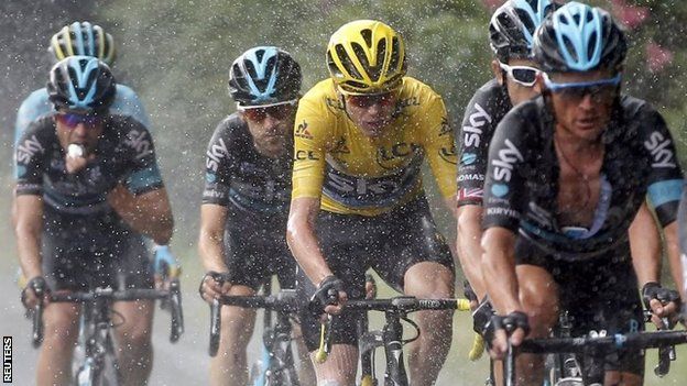 Chris Froome (in yellow) with Team Sky team-mates