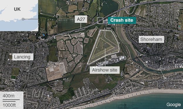 Satellite image showing the location of the air crash near Shoreham