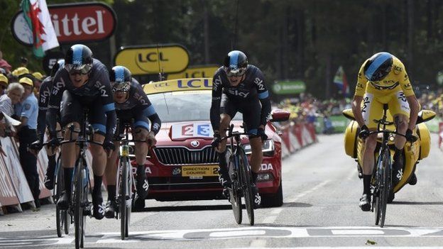 Team Sky cross the finish line on stage nine in Plumelec