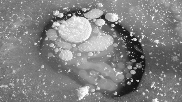 Burbujas de gas atrapadas en una capa de permafrost