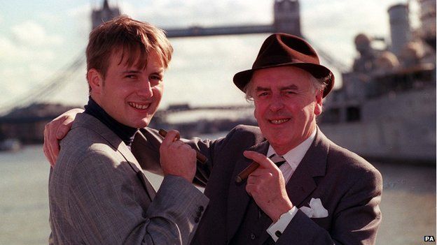 Actors George Cole (R) and Gary Webster at a photocall to announce a new series of "Minder", in which Gary took over the role played by Dennis Waterman