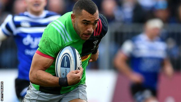 Joe Marchant scores a try for Harlequins against Bath