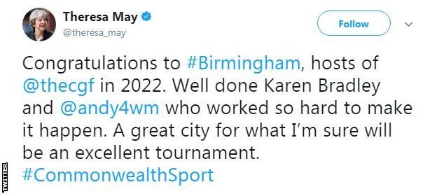 Theresa May tweets her congratulations