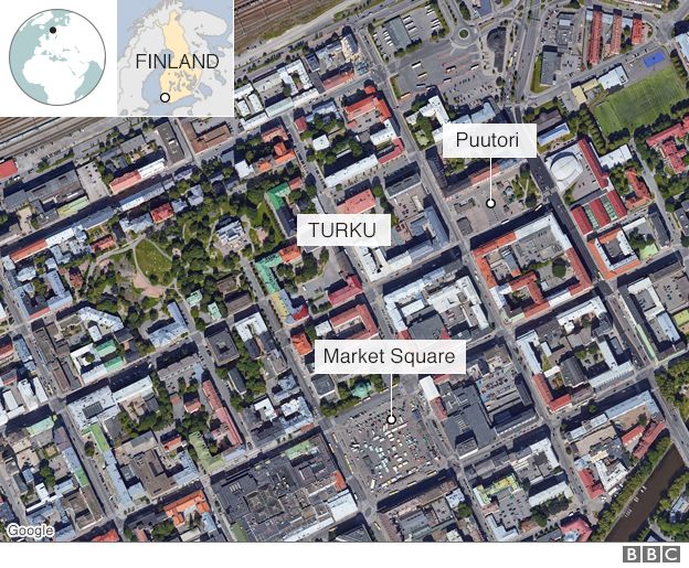 Ένας χάρτης που δείχνει την πλατεία της αγοράς και το Puutori σε σχέση με το Turku
