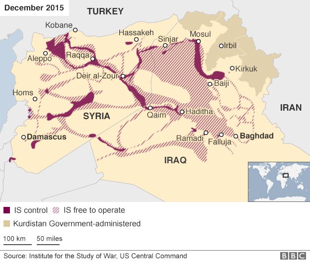 Map showing areas of IS control in Iraq and Syria in December 2015