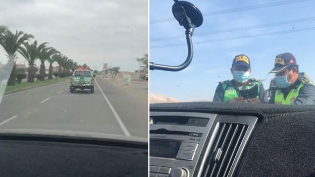 Montagem com duas fotos de policiais tiradas de dentro de um carro