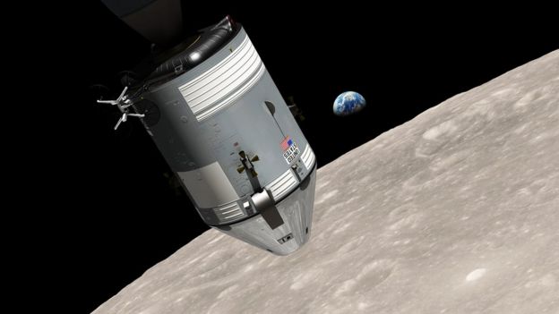 Ilustración que muestra al módulo lunar del Apollo 8 sobre la superficie lunar con la Tierra azul al fondo
