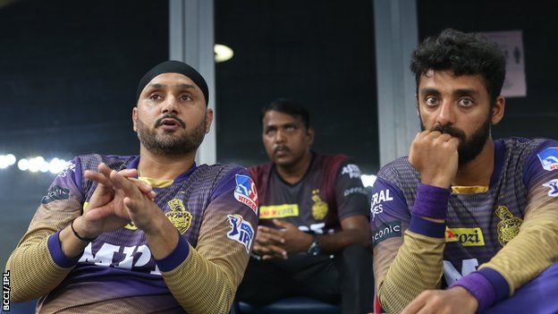 Harbhajan Singh of Kolkata Knight Riders and Varun Chakaravarthy of Kolkata Knight Riders during the final of the Indian Premier League