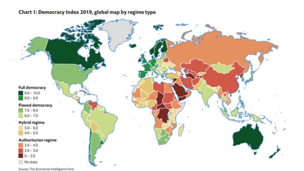 Chỉ số dân chủ 2019, xếp theo bốn nhóm thể chế. Việt Nam vẫn trong nhóm 'Độc tài'