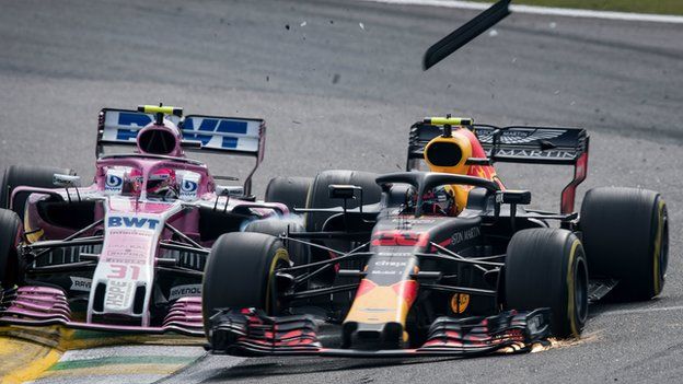 Force India's Esteban Ocon, left, and Red Bull's Max Verstappen