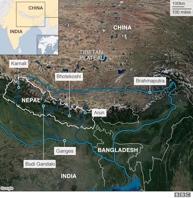 A map showing the Ganges and Brahmaputra river paths
