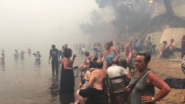 People escape the wildfires in Greece by heading to the beach