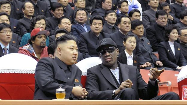 North Korean leader Kim Jong-Un and Dennis Rodman watching a basketball game in Pyongyang in 2013