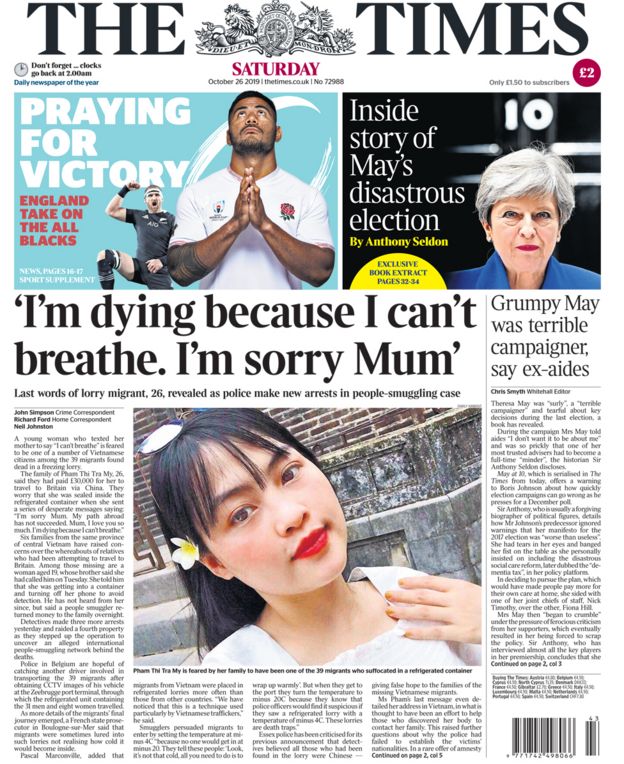 Saturday's Times front page