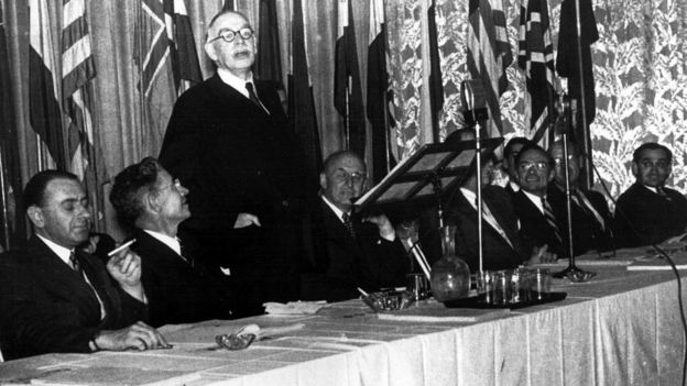 UK economist John Maynard Keynes addressing the Bretton Woods conference on post World War Two reconstruction and economic order