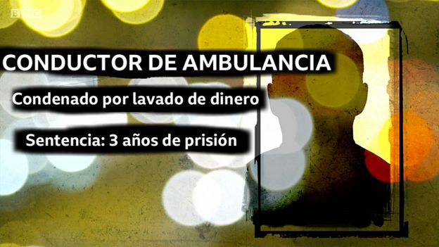 Imagen con texto que dice: Conductor de Ambulancia; Condenado por lavado de dinero; Sentencia: 3 años de prisión