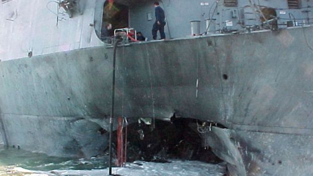 The port side of the guided missile destroyer USS Cole damaged after an attack during a refuelling operation in the port of Aden in Yemen - October 2000