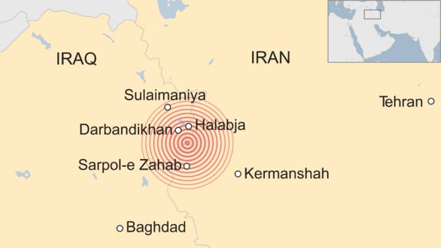 A map showing an earthquake in the Iran-Iraq border region