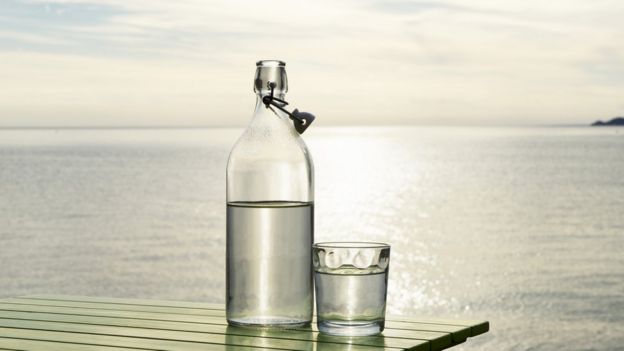 Botella y vaso con agua con el mar de fondo.