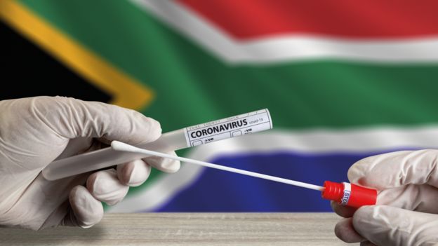 Gloved hands holding a swab coronavirus test in front of the South African flag