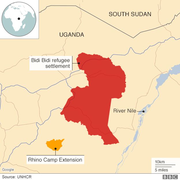 Two of the refugee camps in Uganda - Bidi Bidi and Rhino Camp Extension