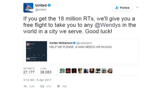 Oferta de un vuelo gratis de United Airlines a Carter Wilkerson