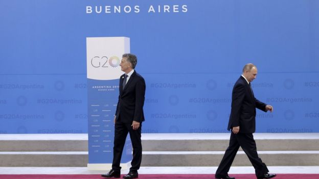 BUENOS AIRES, ARGENTINA - NOVEMBER 30: Russian President Vladimir Putin leaves after greeting President of Argentina Mauricio Macri during the opening day of Argentina G20 Leaders" Summit 2018 at Costa Salguero on November 30, 2018 in Buenos Aires, Argentina. (Photo by Daniel Jayo/Getty Images)