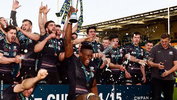 Saracens celebrate their 2015 Anglo-Welsh Cup final win over Exeter
