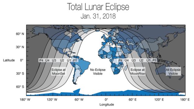 Mapa de la Tierra mostrando donde podrá verse el eclipse lunar del 31 de enero de 2018. (Imagen: NASA)