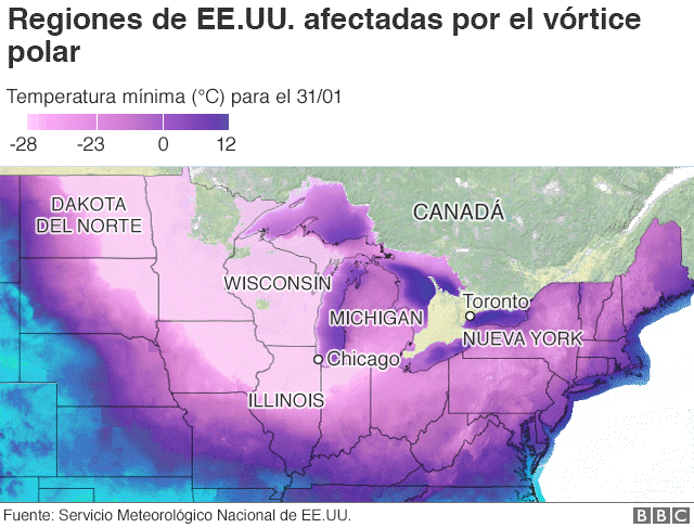 Mapa con regiones de EE.UU. afectadas por el vórtice polar
