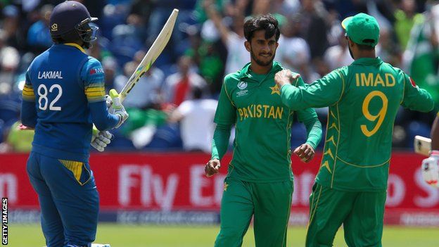 Pakistan's Hasan Ali celebrates the wicket of Sri Lanka's Suranga Lakmal
