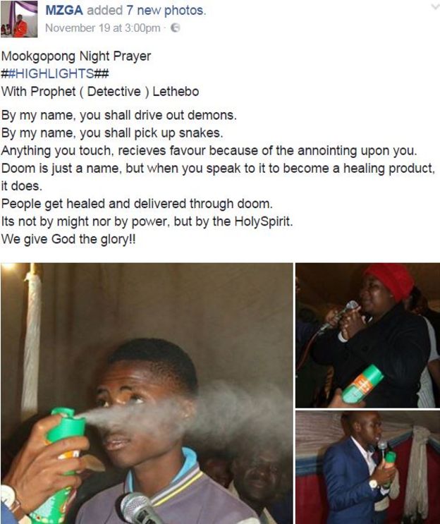 Un poste Facebook contenant des images d'un pasteur de pulvérisation d'un insecticide sur les membres de l'église.