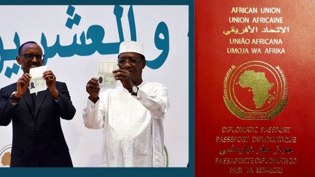 A composite image of Rwanda's President Paul Kagame and former African Union Chairman Idriss Déby, and a close shot of an AU passport