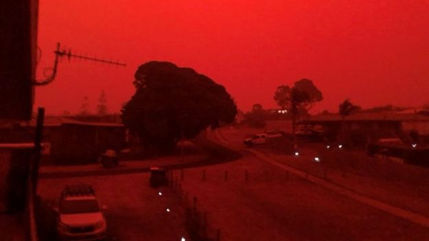 Red skies descend over Mallacoota, Victoria, Australia on 4 January
