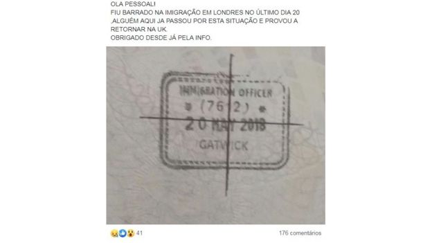 Imagem de passaporte carimbado de pessoa barrada em Londres