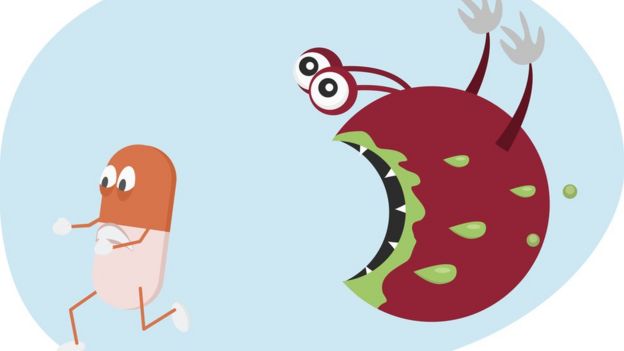 Ilustração mostra dois personagens animados, um em formato de pÃlula e outro de bactéria, esta correndo atrás do outro