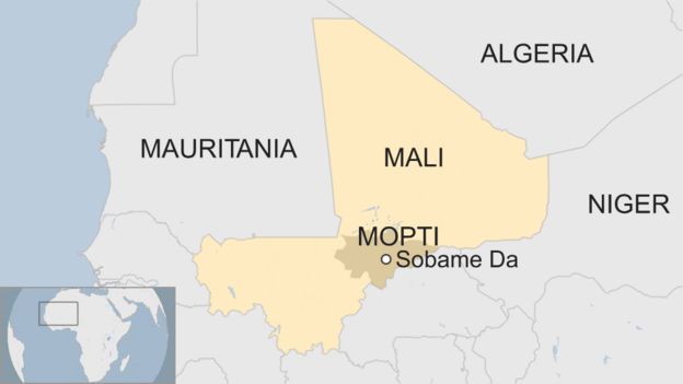 A map shows the approximate location of Sobame Da inside of the Mopti region in Mali