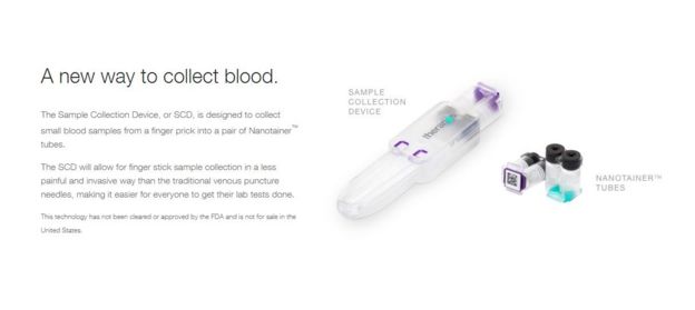Una captura de pantalla de la página web de Theranos.