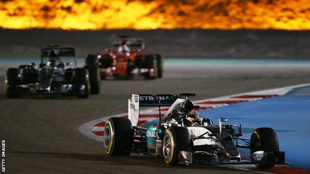 Lewis Hamilton racing in the 2015 Bahrain grand prix