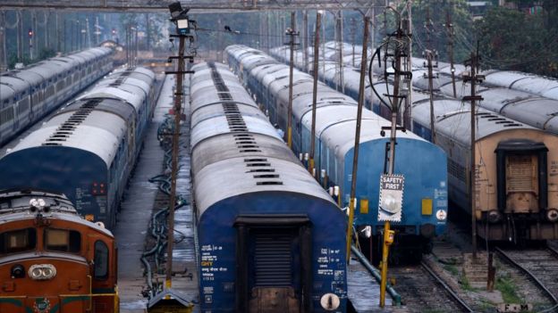 Trains are seen parked at Guwahati Railway Station, during nationwide lockdown